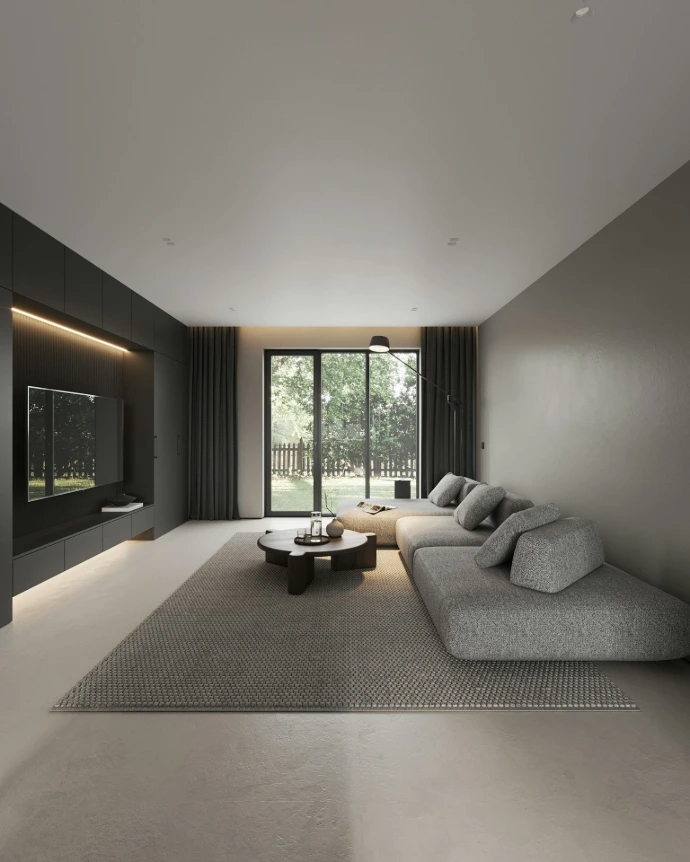 A living room with a couch and a table